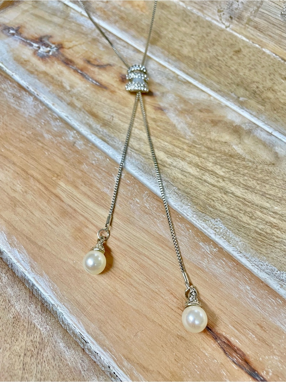 Silver Pearl Lariat Necklace with Sliding Crystal Accent